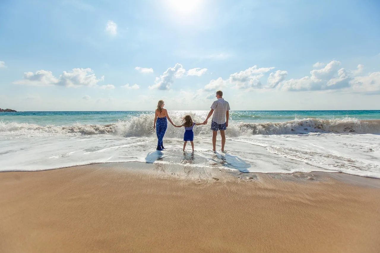 beach, family, fun, leisure, ocean, relaxation, sand, sea, seashore, sky, summer, sunny, vacation, water, wave, parenthood, nature, parents, child